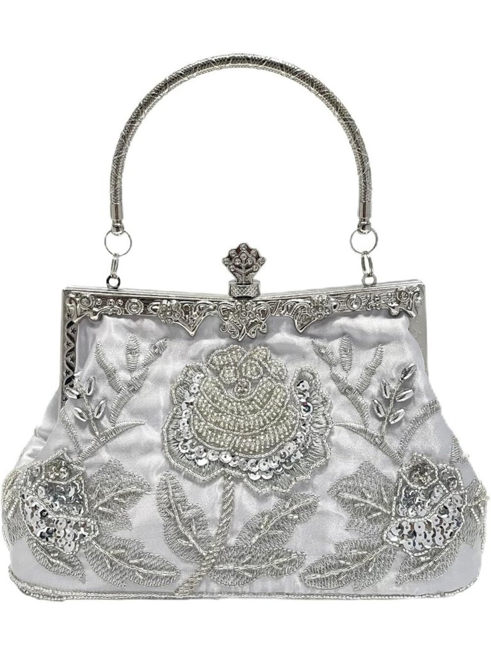 Women's Silver Beaded Rose Sequin Kiss Lock Frame Top Handle Evening Bag Clutch